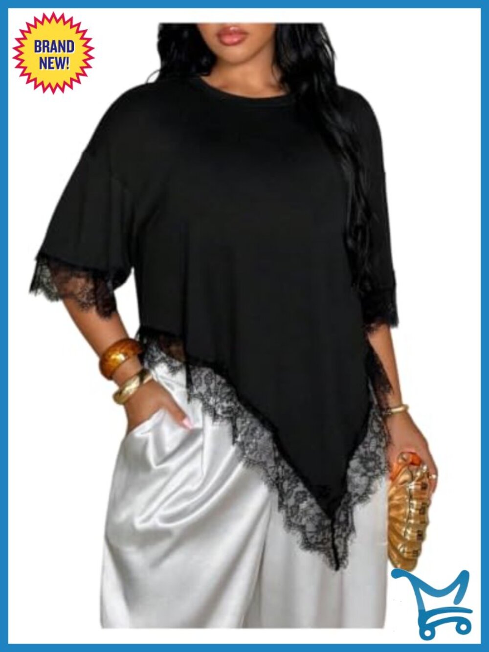 Plus Size Asymmetrical Lace Trim Tee Y2k Short Sleeve Top